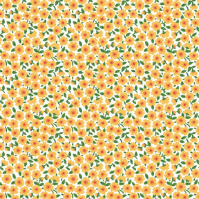 a repeating pattern of yellow flowers with green leaves against a white background.
