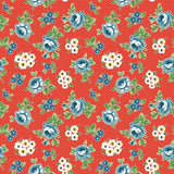 a repeating pattern of blue and white flowers against a red background with white polka dots.