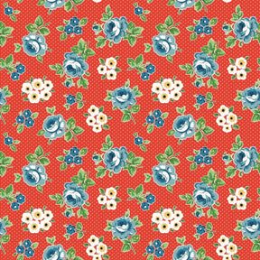 a repeating pattern of blue and white flowers against a red background with white polka dots.