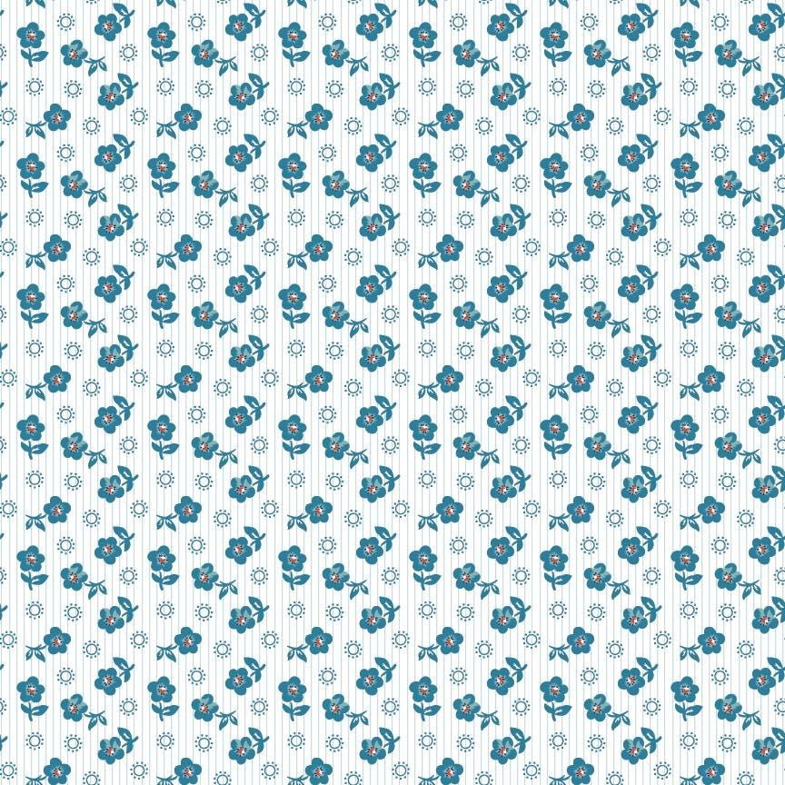 a repeating pattern of blue flowers and white stars on a white background.