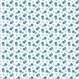 a repeating pattern of blue flowers and white stars on a white background.