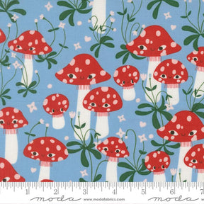 a pattern of red and white spotted mushrooms against a blue background with green leaves and flowers.