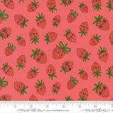 a repeating pattern of cartoon-style strawberries on a pink background.