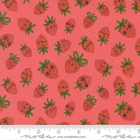 a repeating pattern of cartoon-style strawberries on a pink background.