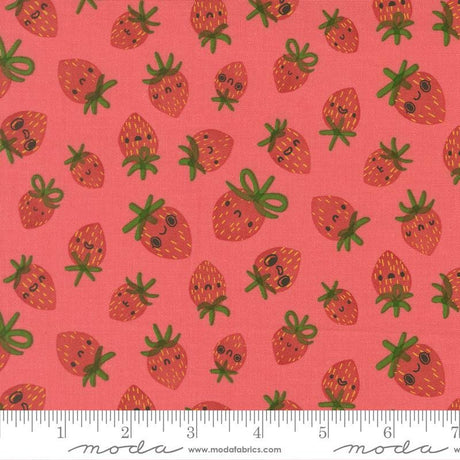 a repeating pattern of cartoon-style strawberries on a pink background.