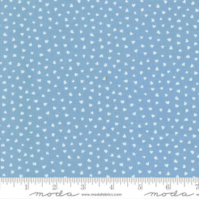 a fabric with a light blue background and white heart-shaped patterns scattered across it. The fabric appears to be a textile or material with a heart-shaped design.