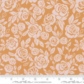 a repeating pattern of white roses on an orange background.
