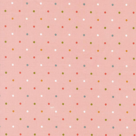 a pink background with a pattern of small white and multicolored dots arranged in a grid-like fashion.