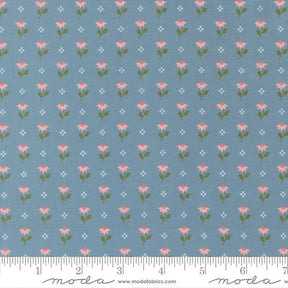 a repeating pattern of pink flowers on a blue background, with small white dots scattered throughout.