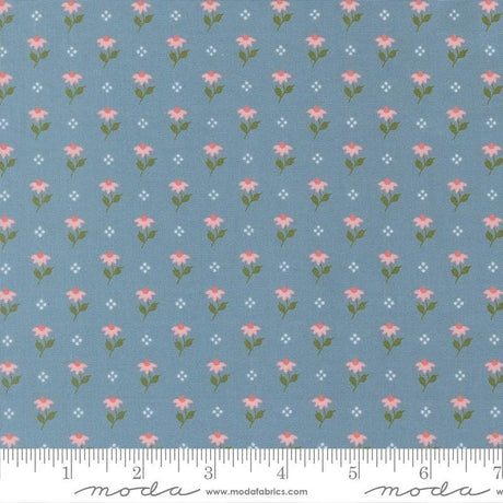 a repeating pattern of pink flowers on a blue background, with small white dots scattered throughout.