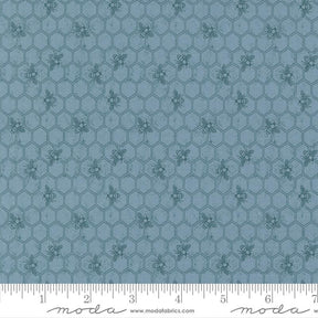 a repeating pattern of hexagons with small bee illustrations on a blue background.