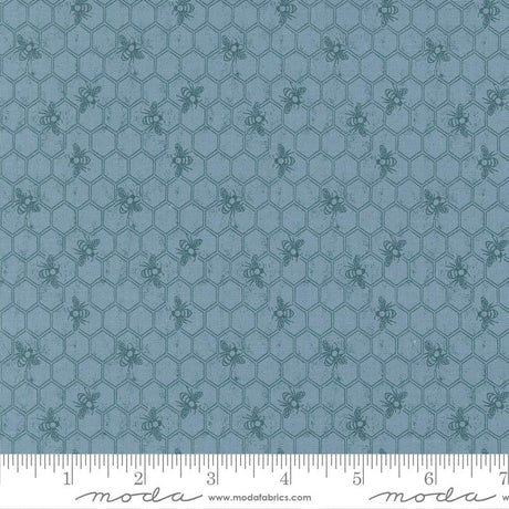 a repeating pattern of hexagons with small bee illustrations on a blue background.