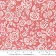 a repeating pattern of pink roses and white leaves on a red background.