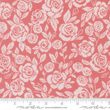 a repeating pattern of pink roses and white leaves on a red background.