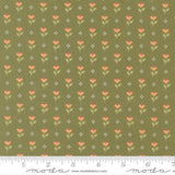 a repeating pattern of small green flowers with orange centers, arranged in a grid-like fashion.