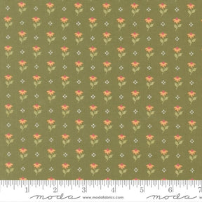 a repeating pattern of small green flowers with orange centers, arranged in a grid-like fashion.