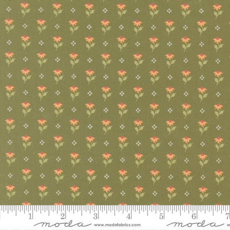 a repeating pattern of small green flowers with orange centers, arranged in a grid-like fashion.