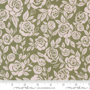 a repeating pattern of white roses on a green background.