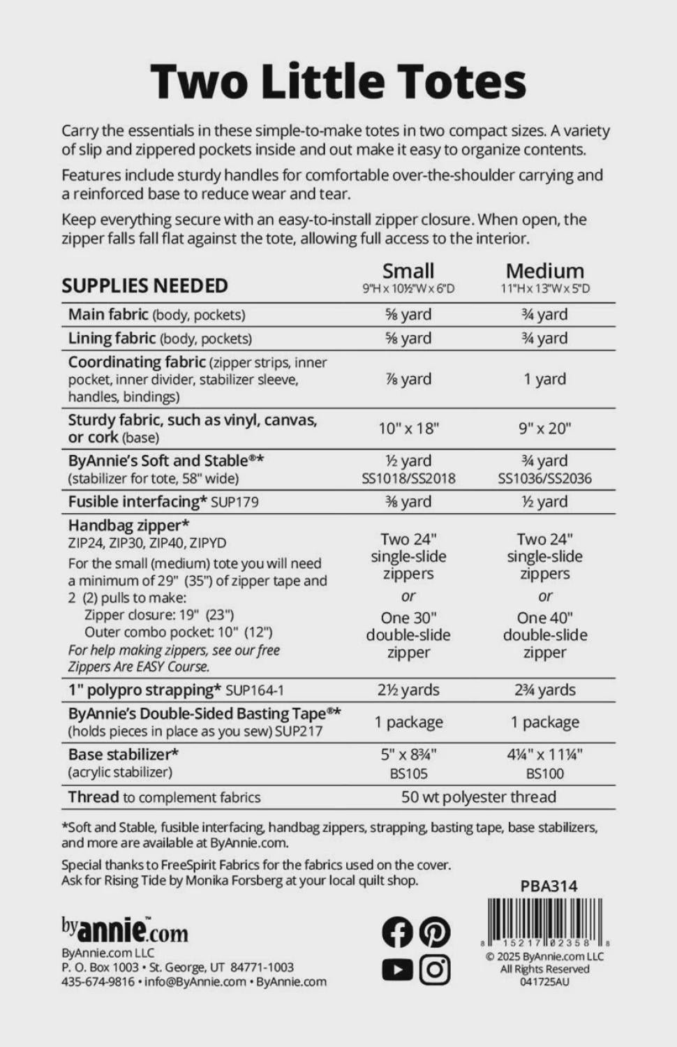 Two Little Totes PBA314 Pattern byAnnie 2 simple-to-make totes in two compact sizes