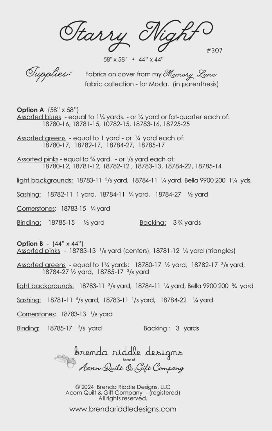 Starry Night Quilt Pattern Paper Only AQ 307 by Brenda Riddle Designs for Acorn Quilts