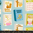 a collection of colorful cereal boxes with various cartoon characters and text, including "Honey Homies", "Banana Buddies", "Fruity Frenz", "Peanut Butter Pals", "Fiber Frenemies", and "Strawberry Besties".