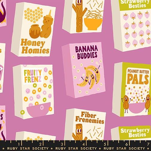 a collection of colorful cereal boxes with various cartoon characters and text, including "Honey Homies", "Banana Buddies", "Fruity Frenz", "Peanut Butter Pals", and "Strawberry Besties".