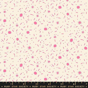 The image is a pattern of pink stars and dots on a light beige background.