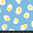 a pattern of white eggs with yellow yolks against a blue background.