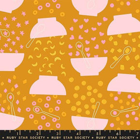 The image is a vibrant and playful pattern featuring various food items and utensils, such as bowls, spoons, and donuts, arranged in a visually appealing and repetitive manner.