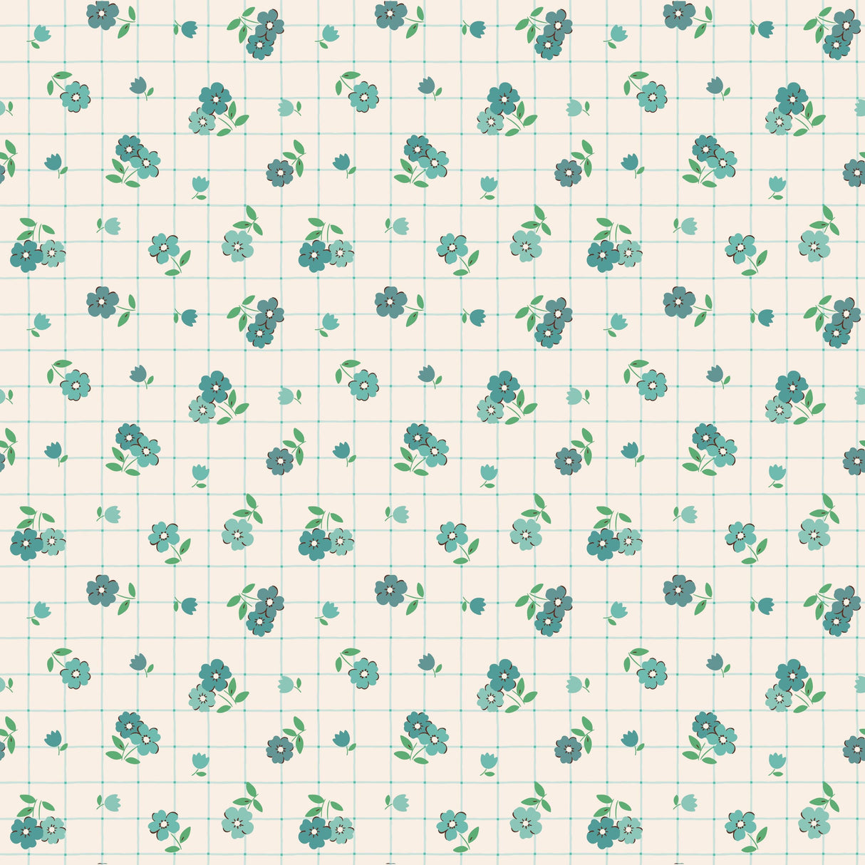 a repeating pattern of small green flowers and leaves on a light-colored background.