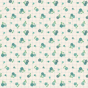 a repeating pattern of small green flowers and leaves on a light-colored background.