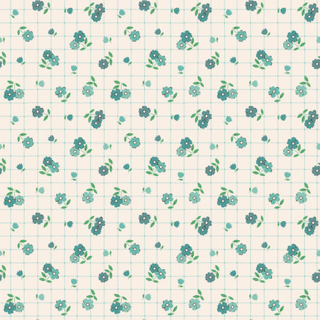 a repeating pattern of small green flowers and leaves on a light-colored background.