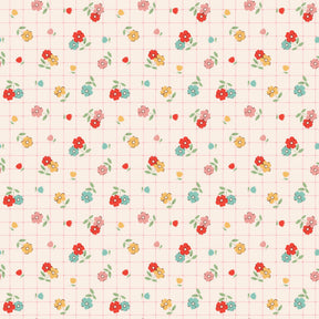 a repeating pattern of colorful flowers and leaves on a grid background.