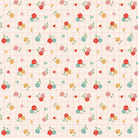 a repeating pattern of colorful flowers and leaves on a grid background.