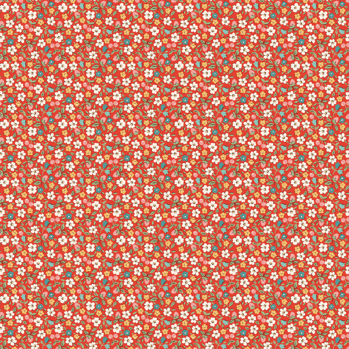 The image is a repeating pattern of small red flowers with green leaves, creating a vibrant and colorful design.