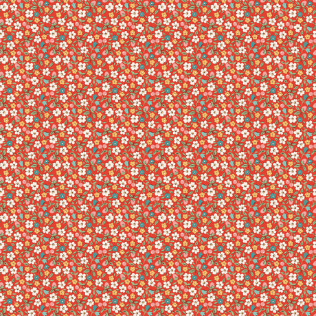 The image is a repeating pattern of small red flowers with green leaves, creating a vibrant and colorful design.