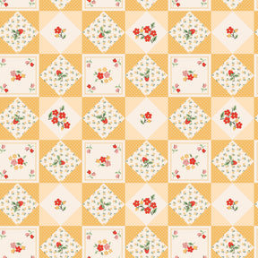 The image is a repeating pattern of small square tiles arranged in a grid-like fashion. Each tile features a floral design in shades of yellow and white, with red flowers and leaves. The pattern repeats itself across the entire image, creating a visually cohesive and harmonious design.