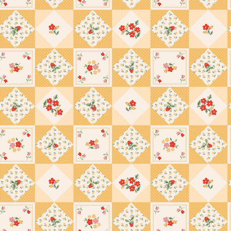 The image is a repeating pattern of small square tiles arranged in a grid-like fashion. Each tile features a floral design in shades of yellow and white, with red flowers and leaves. The pattern repeats itself across the entire image, creating a visually cohesive and harmonious design.