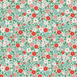 The image is a seamless pattern of various flowers and leaves in shades of red, pink, white, and green. The pattern is composed of small, repeating floral and leaf designs that create a vibrant and visually appealing design.