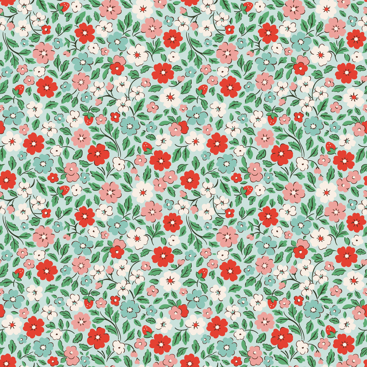 The image is a seamless pattern of various flowers and leaves in shades of red, pink, white, and green. The pattern is composed of small, repeating floral and leaf designs that create a vibrant and visually appealing design.