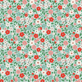 The image is a seamless pattern of various flowers and leaves in shades of red, pink, white, and green. The pattern is composed of small, repeating floral and leaf designs that create a vibrant and visually appealing design.