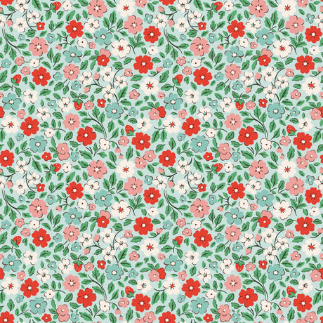 The image is a seamless pattern of various flowers and leaves in shades of red, pink, white, and green. The pattern is composed of small, repeating floral and leaf designs that create a vibrant and visually appealing design.