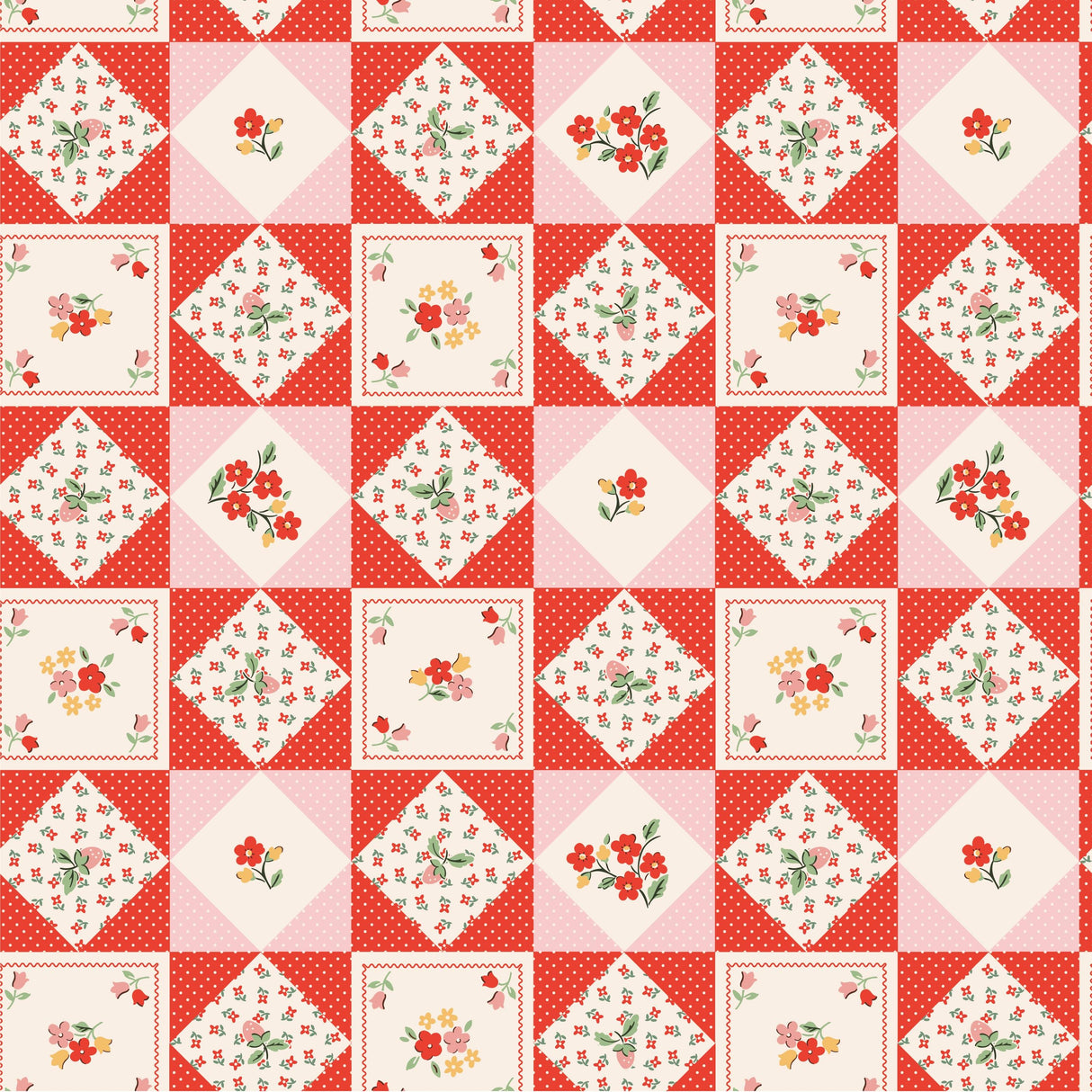 The image is a repeating pattern of red and white diamond-shaped squares, each containing a small floral design.