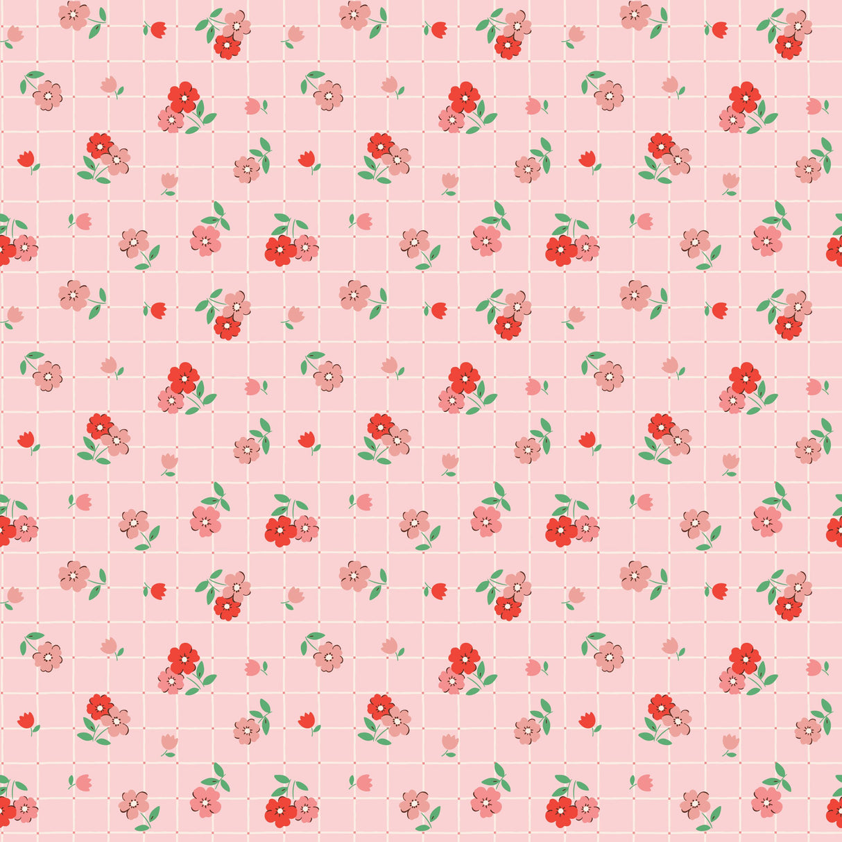 a repeating pattern of pink flowers and green leaves on a pink background.