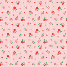 a repeating pattern of pink flowers and green leaves on a pink background.
