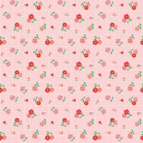 a repeating pattern of pink flowers and green leaves on a pink background.