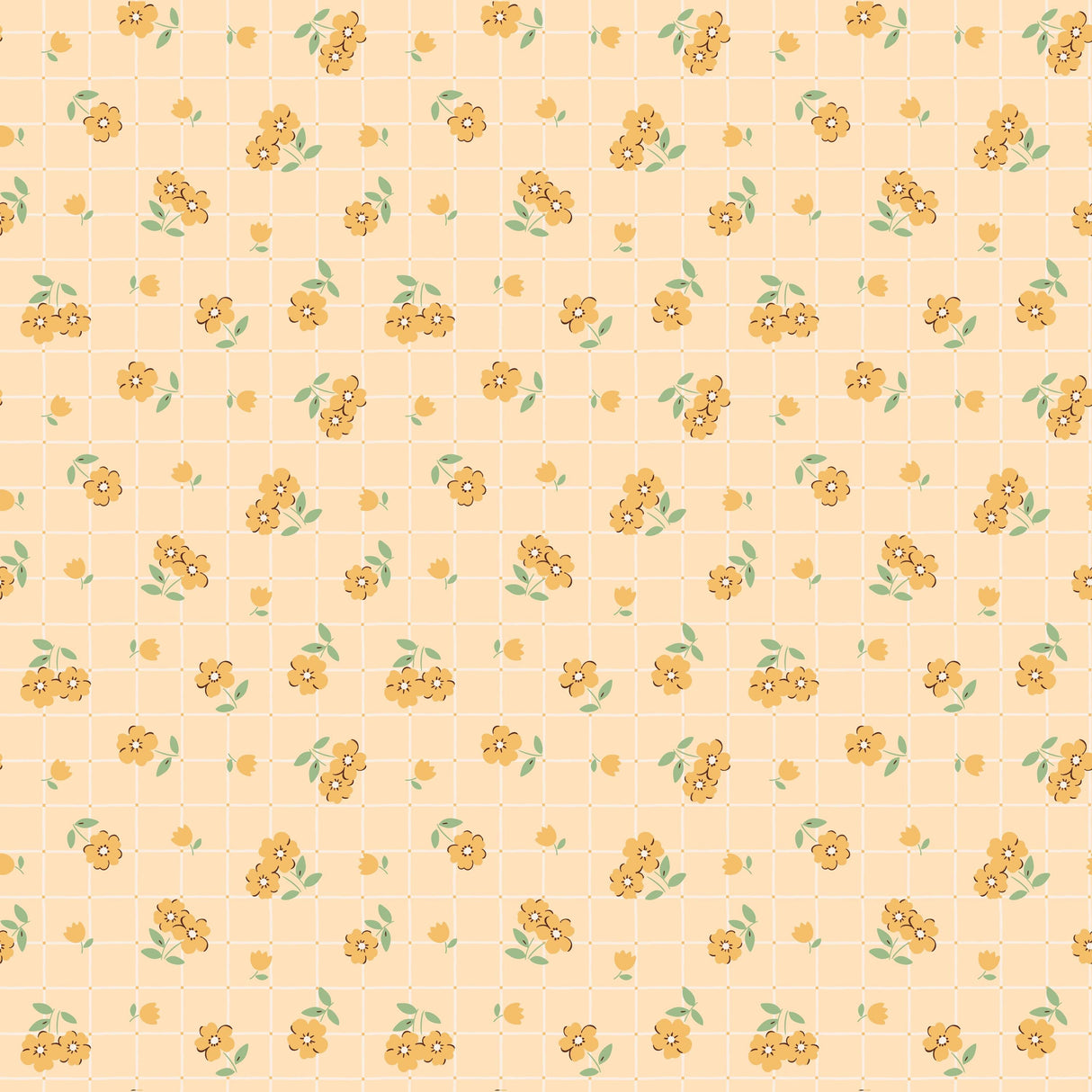 a repeating pattern of small yellow flowers with green leaves on a light beige background.