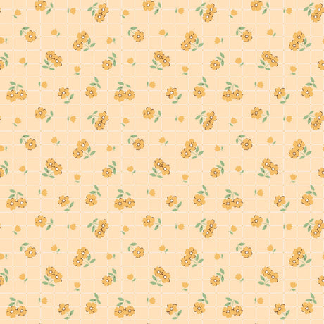 a repeating pattern of small yellow flowers with green leaves on a light beige background.