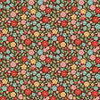 The image is a seamless pattern of various colorful flowers and leaves, including red, pink, yellow, blue, and green flowers, all set against a dark brown background.