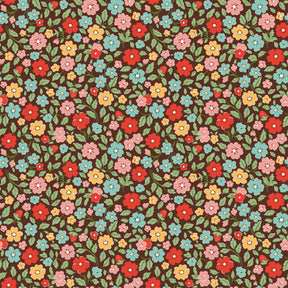The image is a seamless pattern of various colorful flowers and leaves, including red, pink, yellow, blue, and green flowers, all set against a dark brown background.